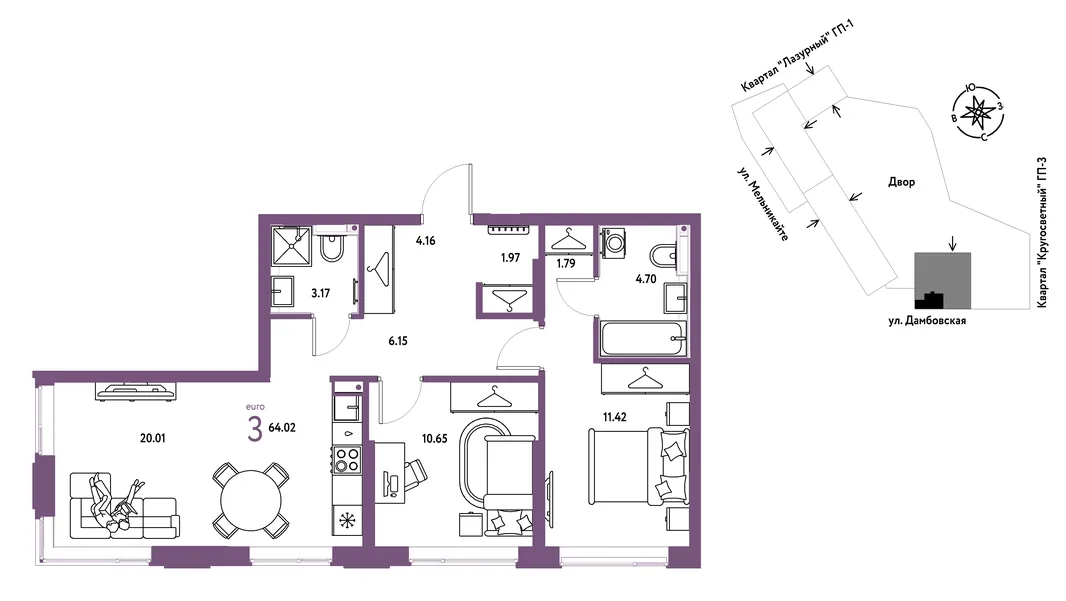 Планировка 3-комн. квартира, 64.02 м² ЖК «Страна Прибрежная»