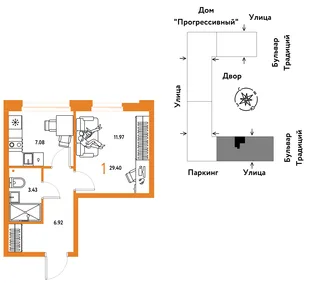 Планировка 1-комн. квартира, 29.4 м² ЖК «Микрорайон Домашний»