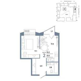 Планировка 2-комн. квартира, 35.2 м² ЖК «Страна.Заречная»