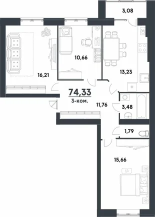 Планировка 3-комн. квартира, 74.33 м² ЖК «мкр. Долина»