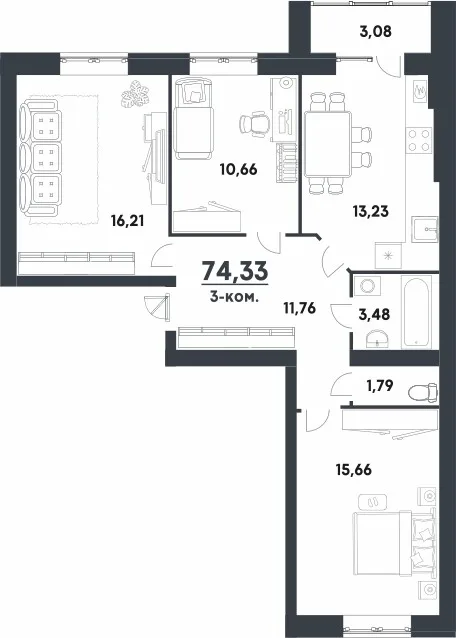 Планировка 3-комн. квартира, 74.33 м² ЖК «мкр. Долина» Планировка 3-комн. квартира, 74.33 м² ЖК «мкр. Долина»
