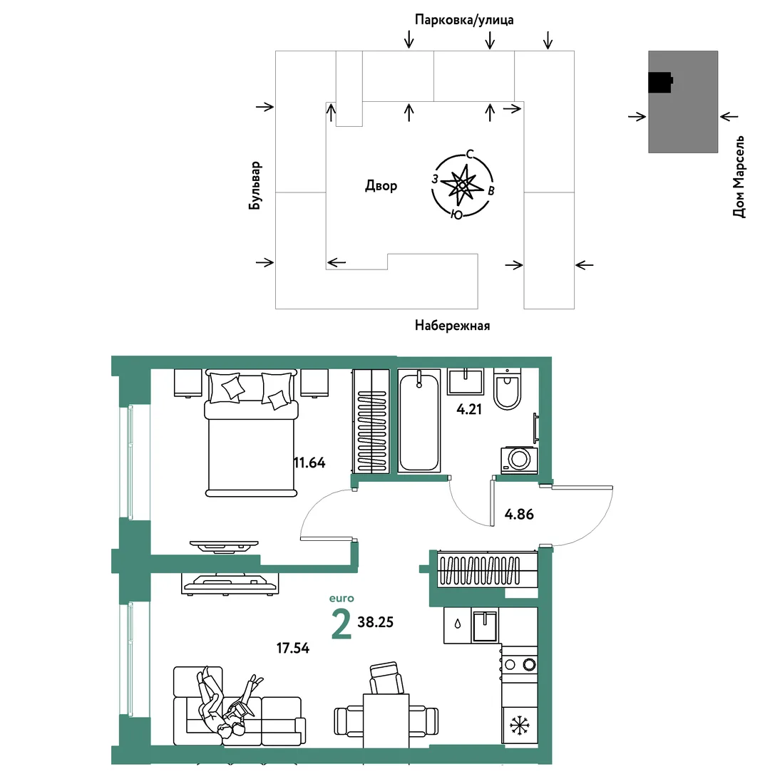 Планировка 2-комн. квартира, 38.25 м² ЖК «Европейский берег 2.0»