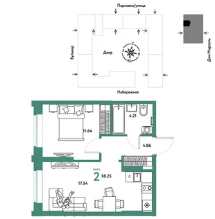Планировка 2-комн. квартира, 38.25 м² ЖК «Европейский берег 2.0»