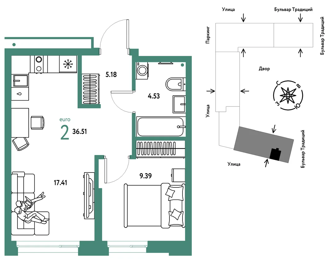 Планировка 2-комн. квартира, 36.51 м² ЖК «Микрорайон Домашний»