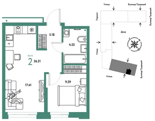 Планировка 2-комн. квартира, 36.51 м² ЖК «Микрорайон Домашний»