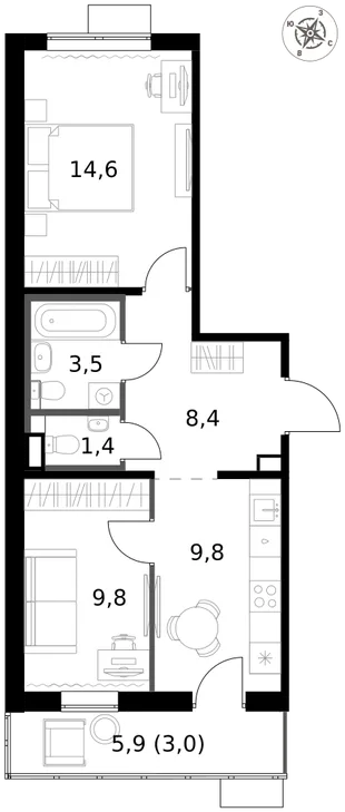 Квартира 2-комн. квартира, 50.5 м² ЖК «1-й Саларьевский» Фото 1