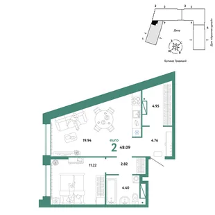 Планировка 2-комн. квартира, 48.09 м² ЖК «Микрорайон Домашний»