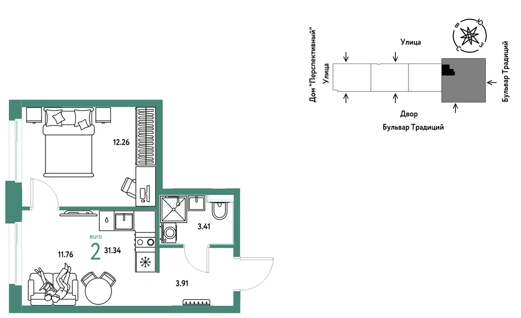 Планировка 2-комн. квартира, 31.34 м² ЖК «Микрорайон Домашний»