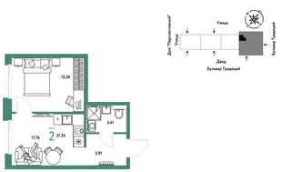 Планировка 2-комн. квартира, 31.34 м² ЖК «Микрорайон Домашний»