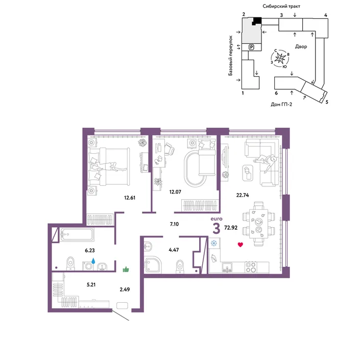 Планировка 3-комн. квартира, 72.92 м² ЖК «Сибирский сад» Планировка 3-комн. квартира, 72.92 м² ЖК «Сибирский сад»