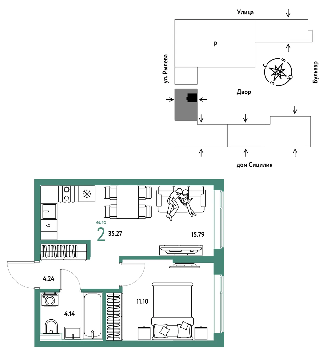 Планировка 2-комн. квартира, 35.27 м² ЖК «Остров-сад»
