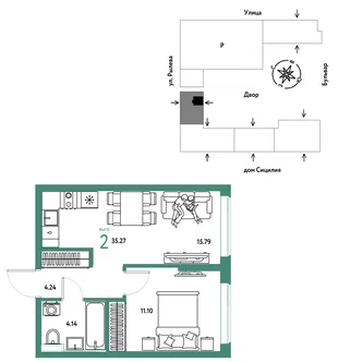 Планировка 2-комн. квартира, 35.27 м² ЖК «Остров-сад»