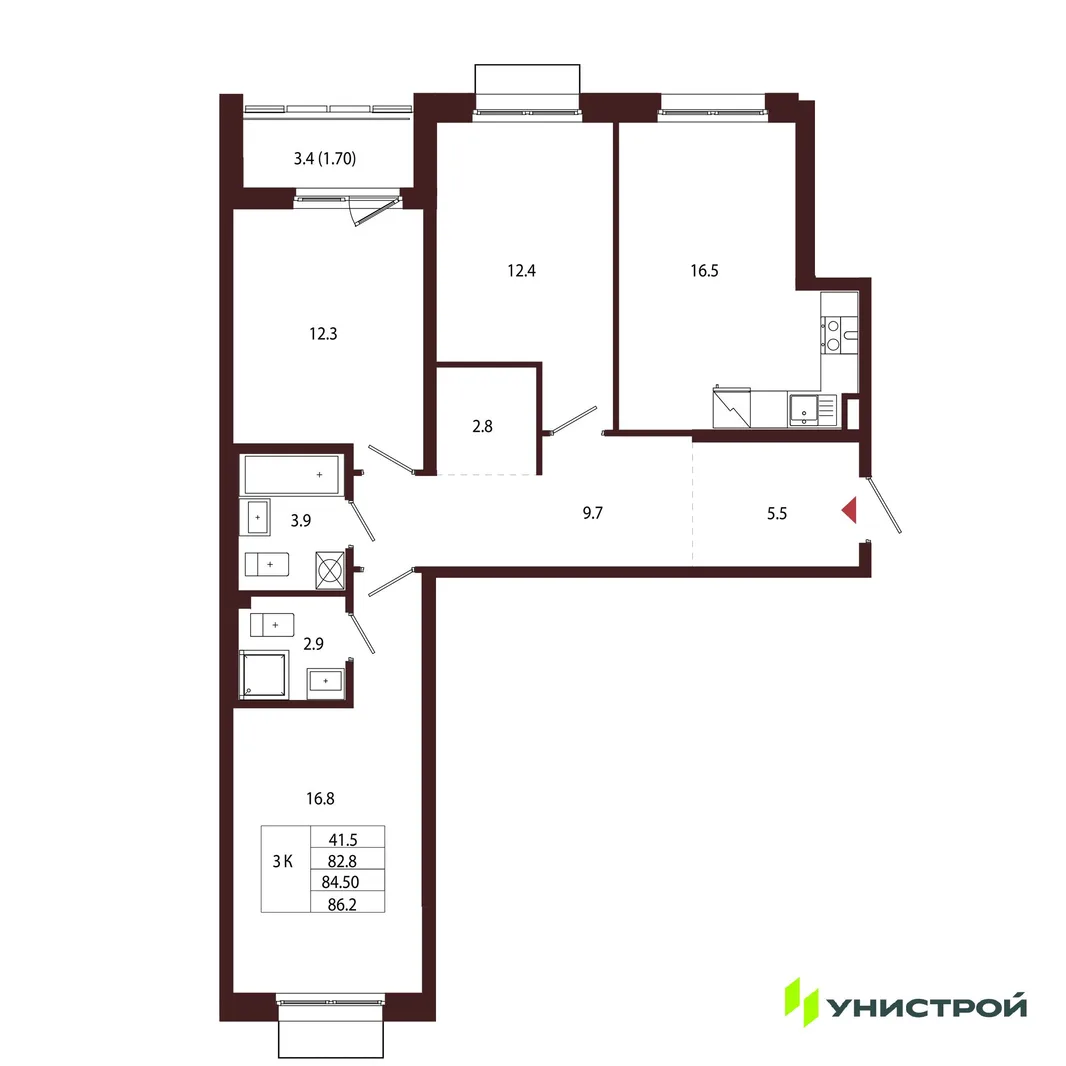 Планировка 3-комн. квартира, 84.5 м² ЖК «Лисино»