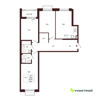 Планировка 3-комн. квартира, 84.5 м² ЖК «Лисино»