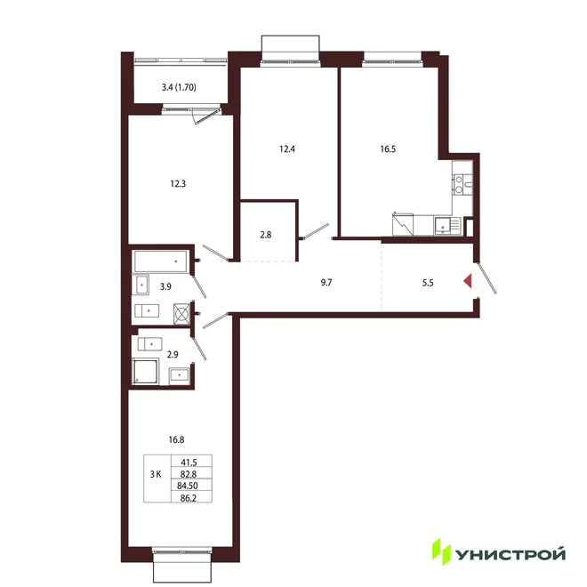 Планировка 3-комн. квартира, 84.5 м² ЖК «Лисино» Планировка 3-комн. квартира, 84.5 м² ЖК «Лисино»