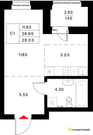 Планировка 1-комн. квартира, 28 м² ЖК «Уникод на Технической»