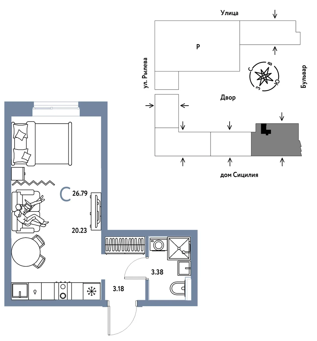 Планировка Студия, 26.79 м² ЖК «Остров-сад»