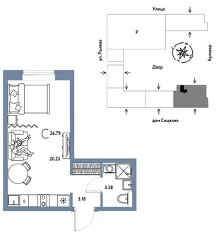 Планировка Студия, 26.79 м² ЖК «Остров-сад»