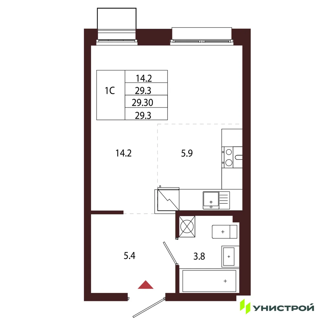 Планировка 1-комн. квартира, 29.3 м² ЖК «Лисино»