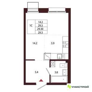 Планировка 1-комн. квартира, 29.3 м² ЖК «Лисино»