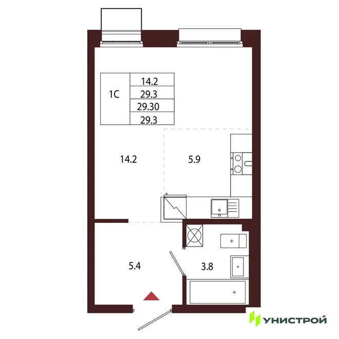 Планировка 1-комн. квартира, 29.3 м² ЖК «Лисино»