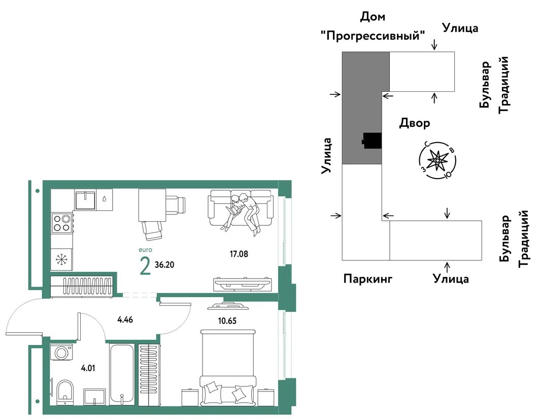 Планировка 2-комн. квартира, 36.2 м² ЖК «Микрорайон Домашний»