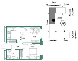 Планировка 2-комн. квартира, 36.2 м² ЖК «Микрорайон Домашний»