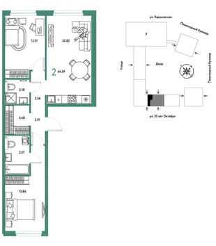 Планировка 2-комн. квартира, 64.59 м² ЖК «Сердце Сибири»