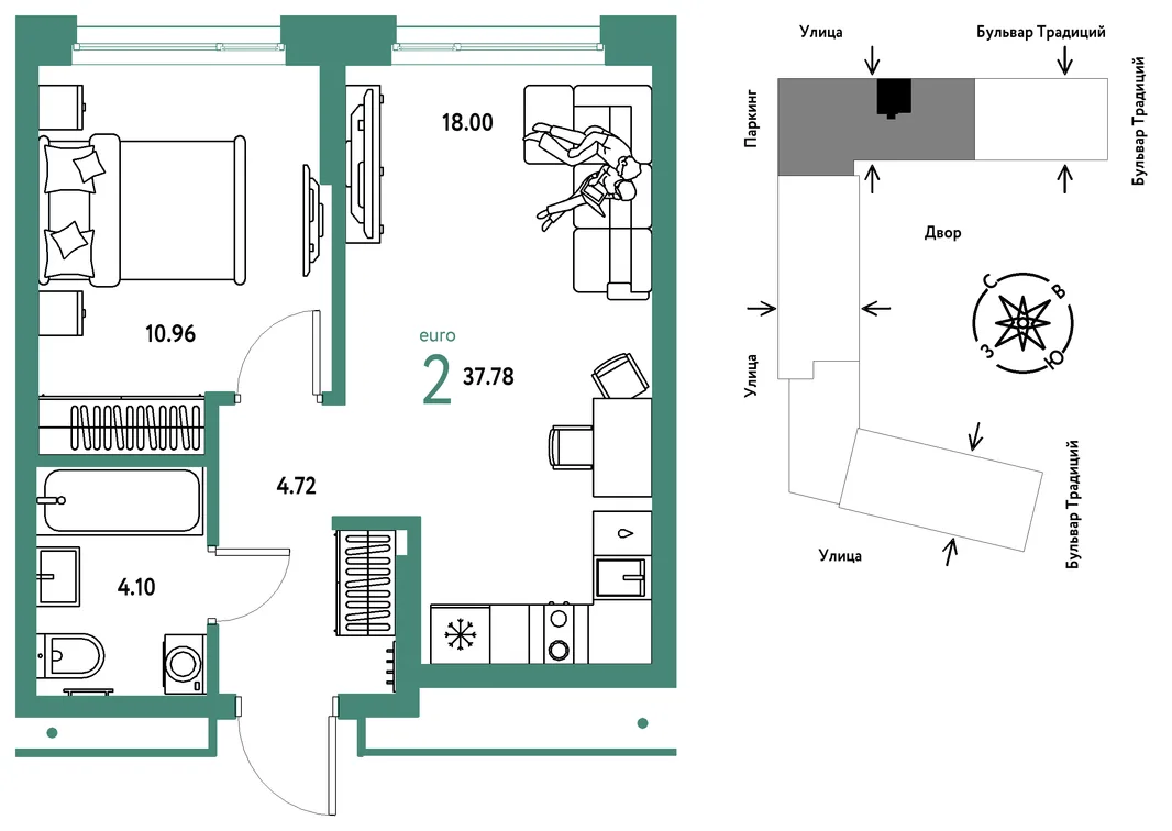 Планировка 2-комн. квартира, 37.78 м² ЖК «Микрорайон Домашний»