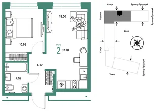 Планировка 2-комн. квартира, 37.78 м² ЖК «Микрорайон Домашний»