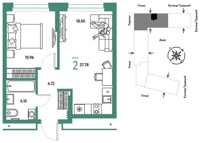 Планировка 2-комн. квартира, 37.78 м² ЖК «Микрорайон Домашний» Планировка 2-комн. квартира, 37.78 м² ЖК «Микрорайон Домашний»