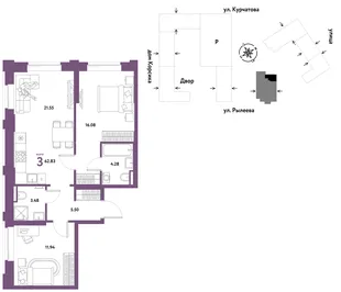Планировка 3-комн. квартира, 62.83 м² ЖК «Остров-сад»