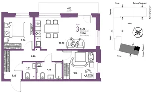 Планировка 3-комн. квартира, 61.12 м² ЖК «Микрорайон Домашний»