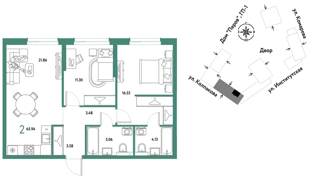 Планировка 2-комн. квартира, 65.94 м² ЖК «Страна.Парковая»