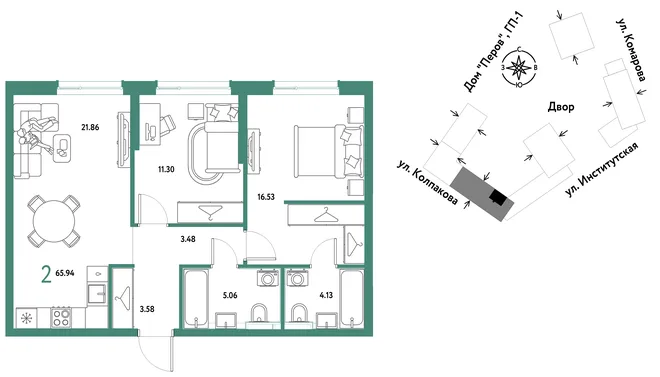 Планировка 2-комн. квартира, 65.94 м² ЖК «Страна.Парковая» Планировка 2-комн. квартира, 65.94 м² ЖК «Страна.Парковая»