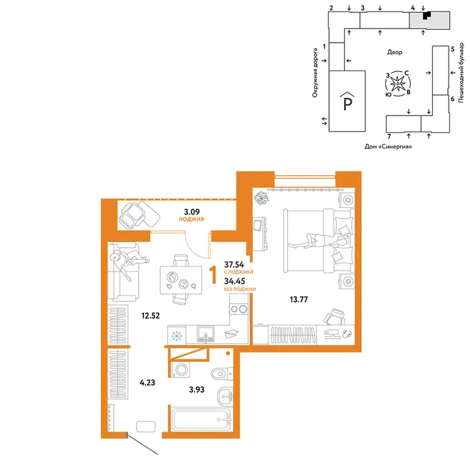 Планировка 1-комн. квартира, 37.54 м² ЖК «Юнион» Планировка 1-комн. квартира, 37.54 м² ЖК «Юнион»
