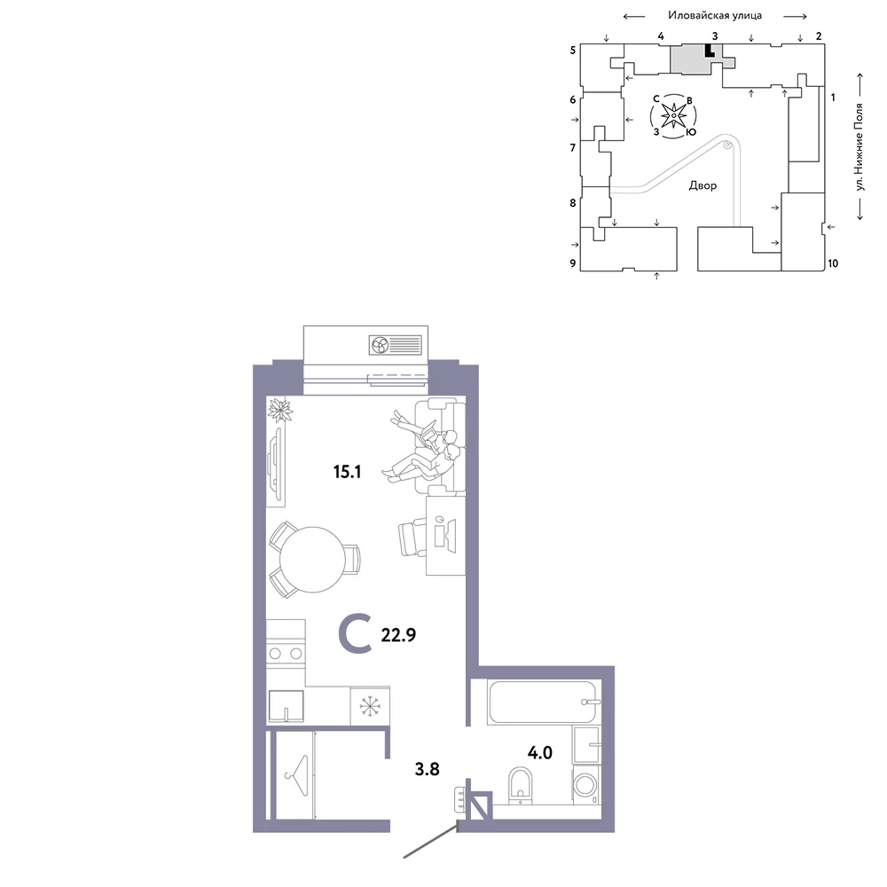 Планировка Студия, 22.9 м² ЖК «Страна.Заречная»
