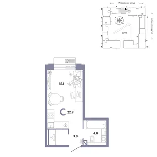 Планировка Студия, 22.9 м² ЖК «Страна.Заречная»