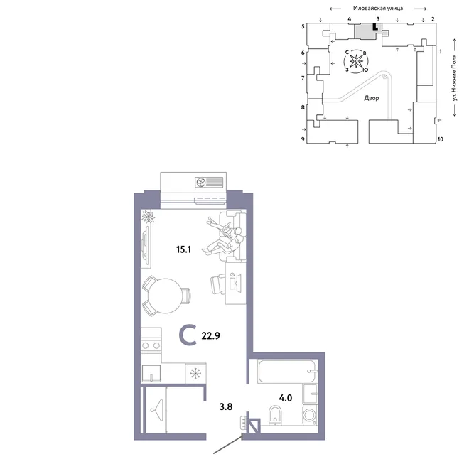 Планировка Студия, 22.9 м² ЖК «Страна.Заречная»