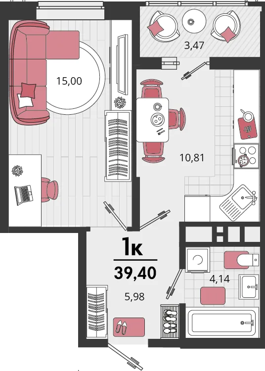Планировка 1-комн. квартира, 39.4 м² ЖК «Родные просторы»