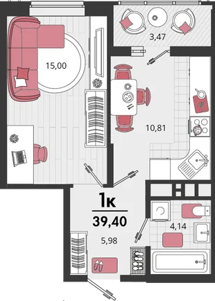 Планировка 1-комн. квартира, 39.4 м² ЖК «Родные просторы»