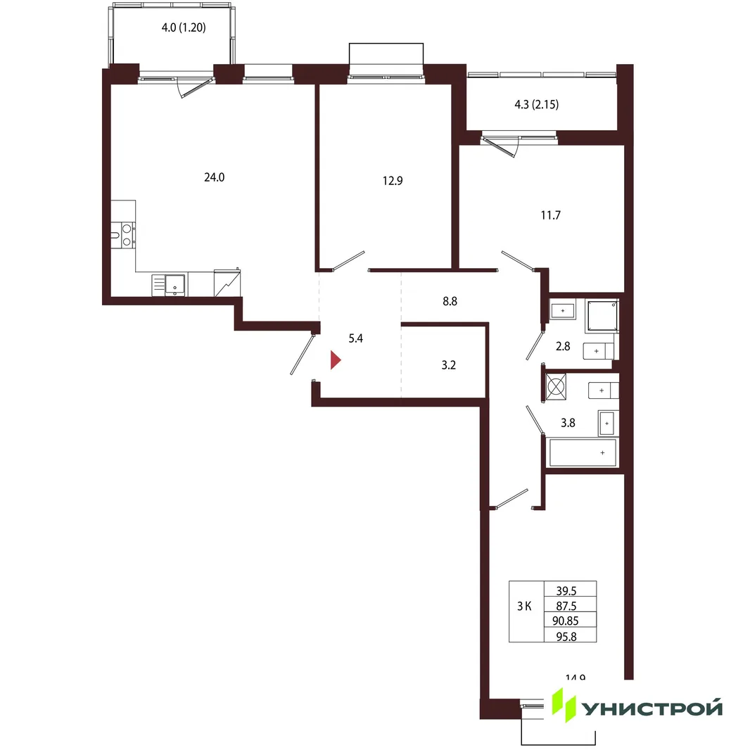 Планировка 3-комн. квартира, 90.85 м² ЖК «Лисино»