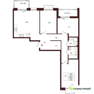 Планировка 3-комн. квартира, 90.85 м² ЖК «Лисино»