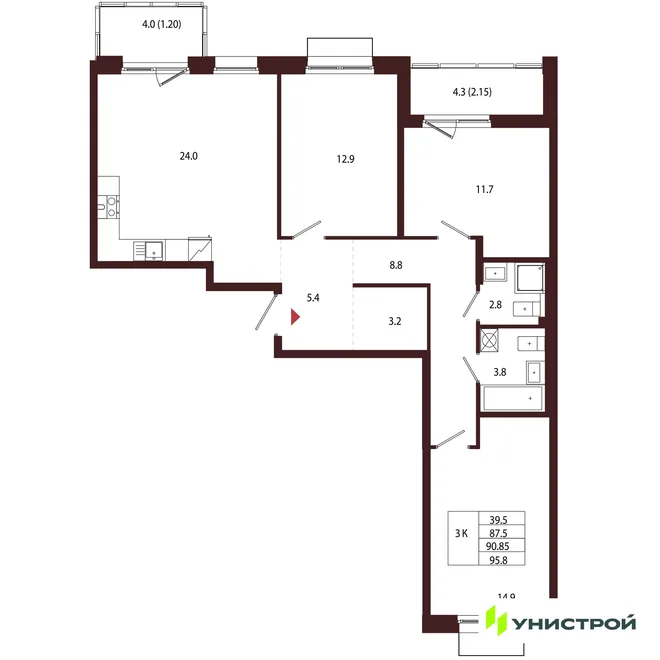 Планировка 3-комн. квартира, 90.85 м² ЖК «Лисино» Планировка 3-комн. квартира, 90.85 м² ЖК «Лисино»