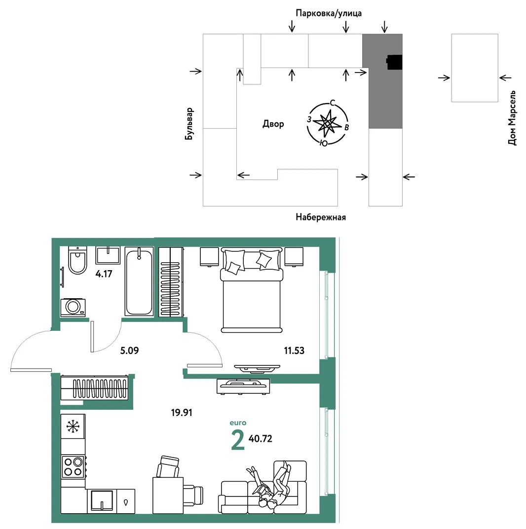 Планировка 2-комн. квартира, 40.72 м² ЖК «Европейский берег 2.0»