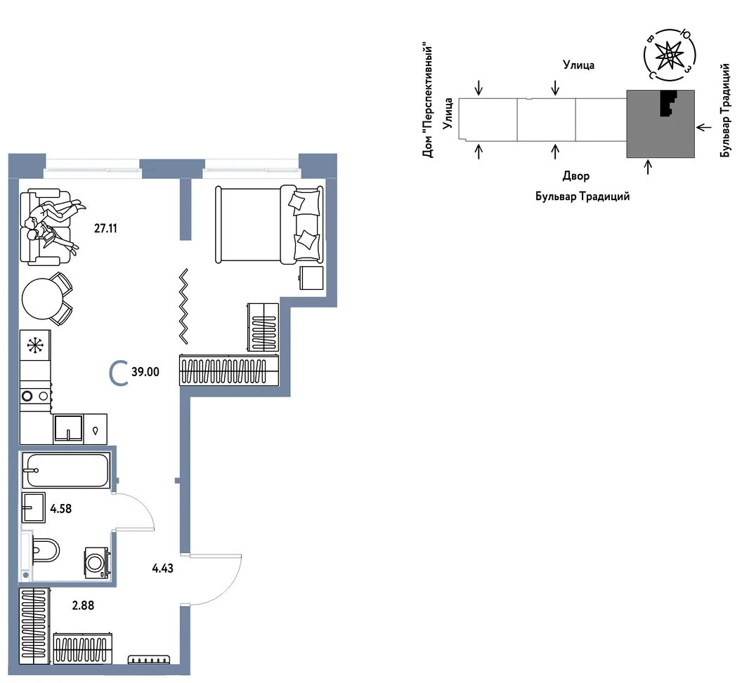 Планировка Студия, 39 м² ЖК «Микрорайон Домашний»