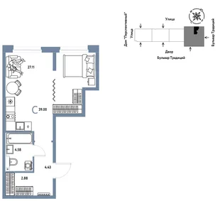 Планировка Студия, 39 м² ЖК «Микрорайон Домашний»