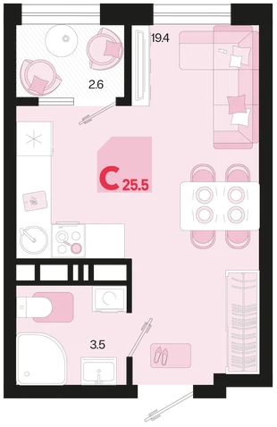 Планировка Студия, 25.5 м² ЖК «Первое место»