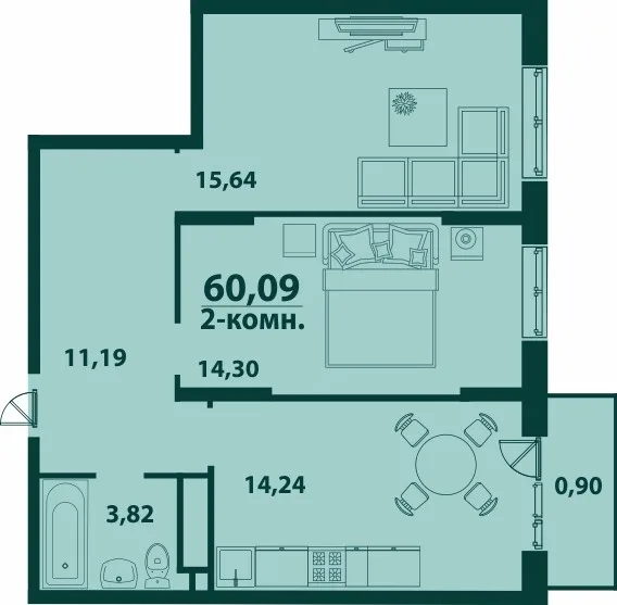 Планировка 2-комн. квартира, 60.08 м² ЖК «Аквамарин 2» Планировка 2-комн. квартира, 60.08 м² ЖК «Аквамарин 2»