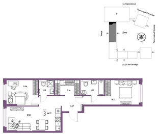 Планировка 3-комн. квартира, 64.77 м² ЖК «Сердце Сибири»